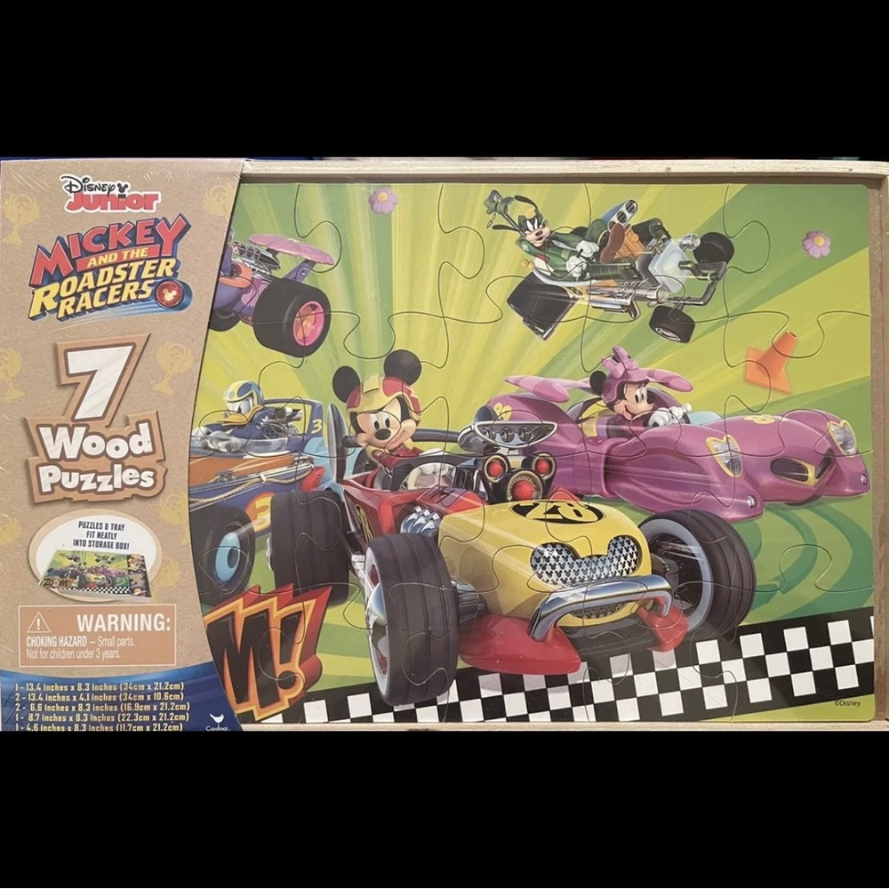 {Mickey Mouse} & The Roadster Racers Wood Puzzles & Storage Box With Tray SEALED